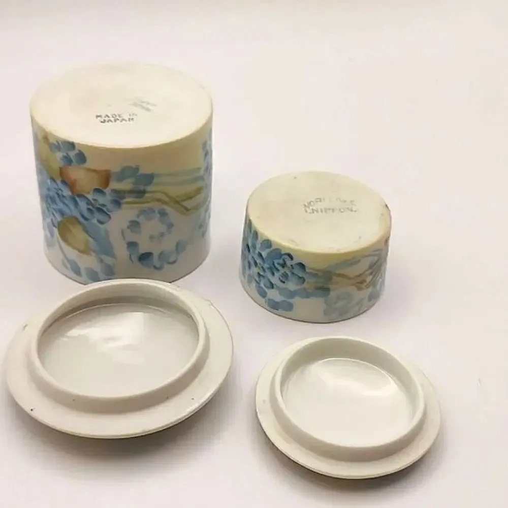 Nippon Set of 2 Vintage Hand Painted Small Vanity Lidded Dresser Jars